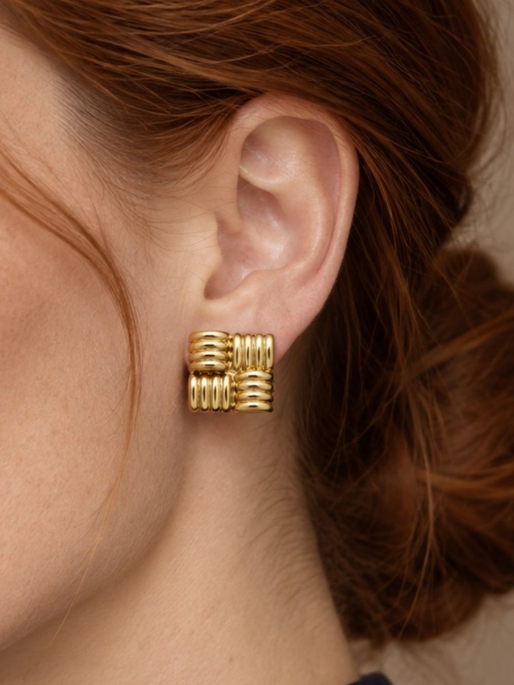 Textured Gold Square Stud Earrings - Women Jewelry